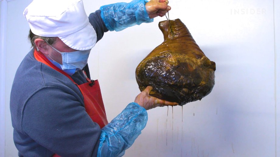 The black rind of Suffolk ham acquires its color during the curing process, which uses molasses, brown sugar and local dark porter beer