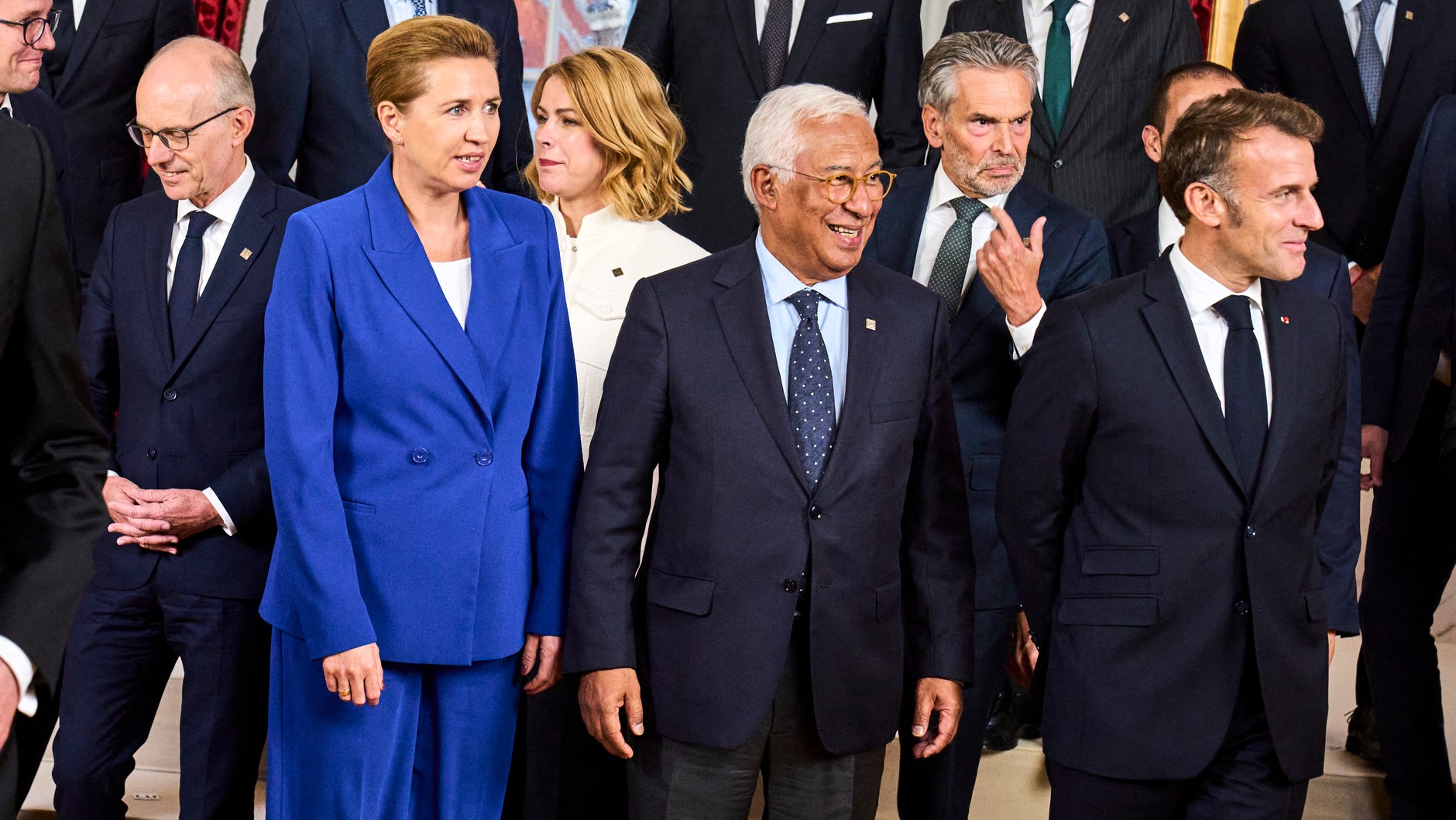 EU leaders during a meeting at the Christiansborg Palace. Copenhagen, October 1, 2025. In the foreground of Mette Fredriksen, the premiere of Denmark, Antonio Costa, chairman of the European Council, and Emmanuel Macron, President of France.