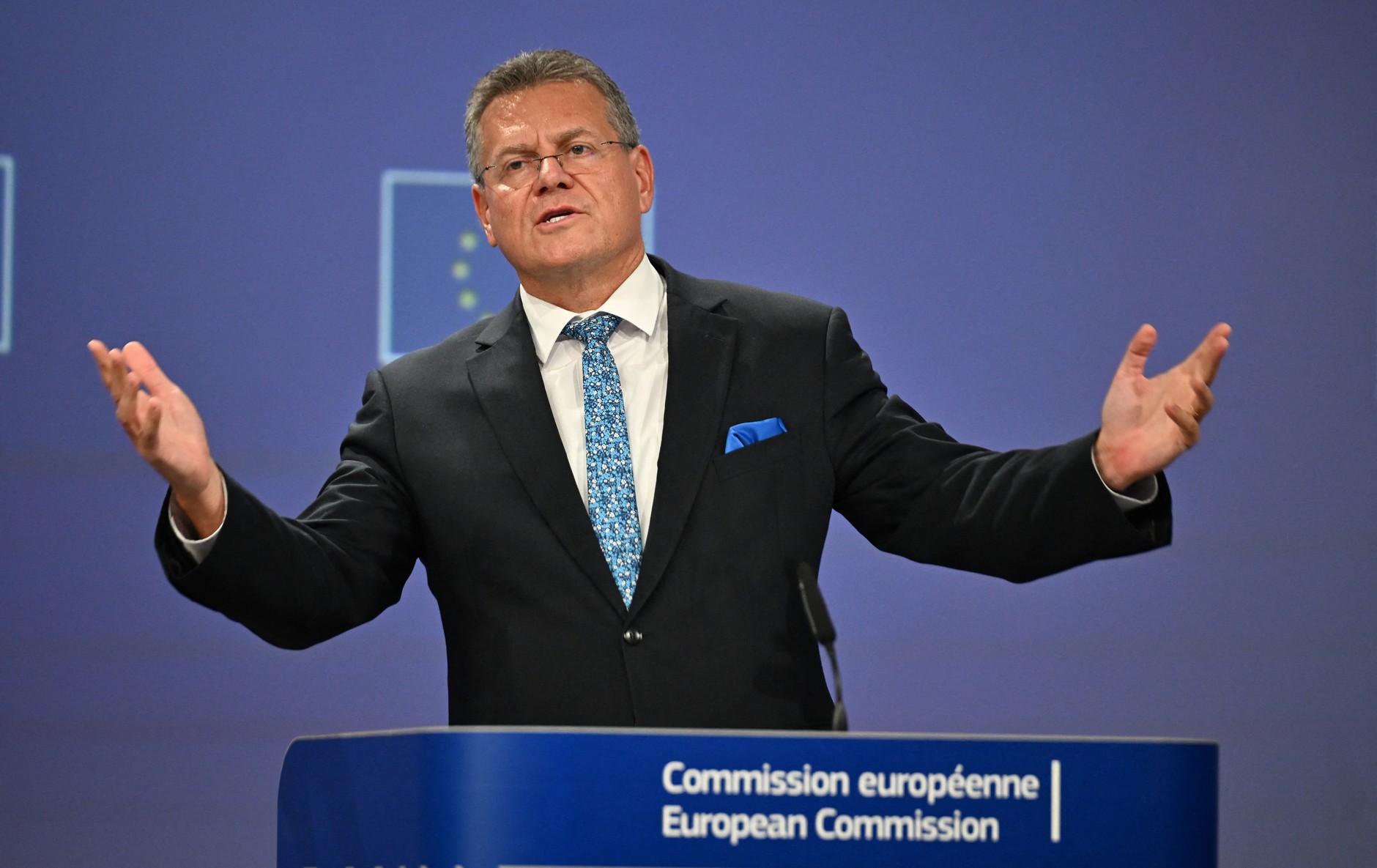 EU Commissioner for Trade Maros Sefcovic during a press conference in Brussels, Belgium, September 17, 2025.