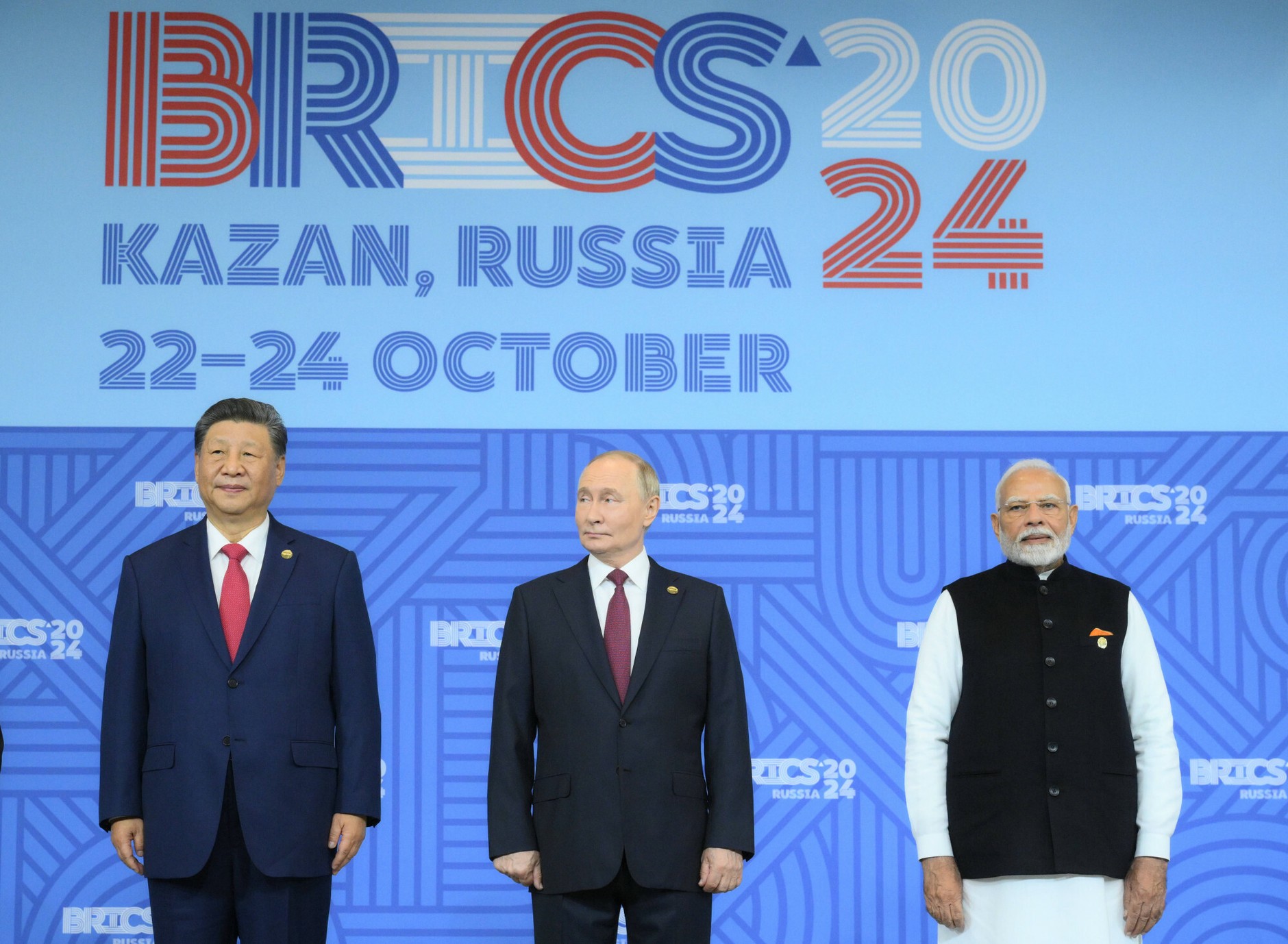 Russian President Vladimir Putin, Chinese President Xi Jinping and Indian Prime Minister Narendra Modi during the 16th BRICS summit. Kazan, Russia, October 23, 2024