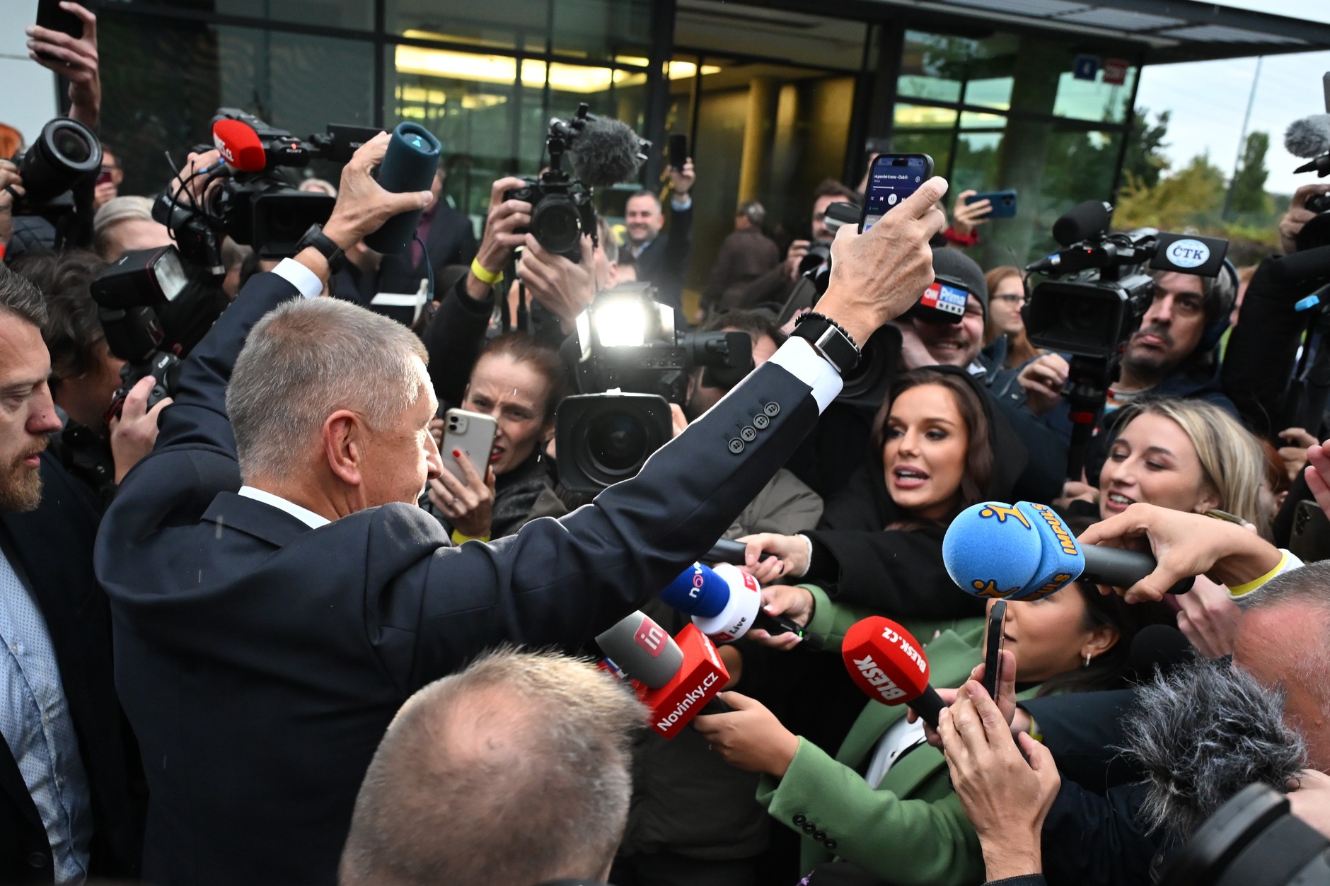The leader of Movement Anoj Andrej Babisz arrives at the party's headquarters after closing the polling stations, Prague, October 4, 2025.