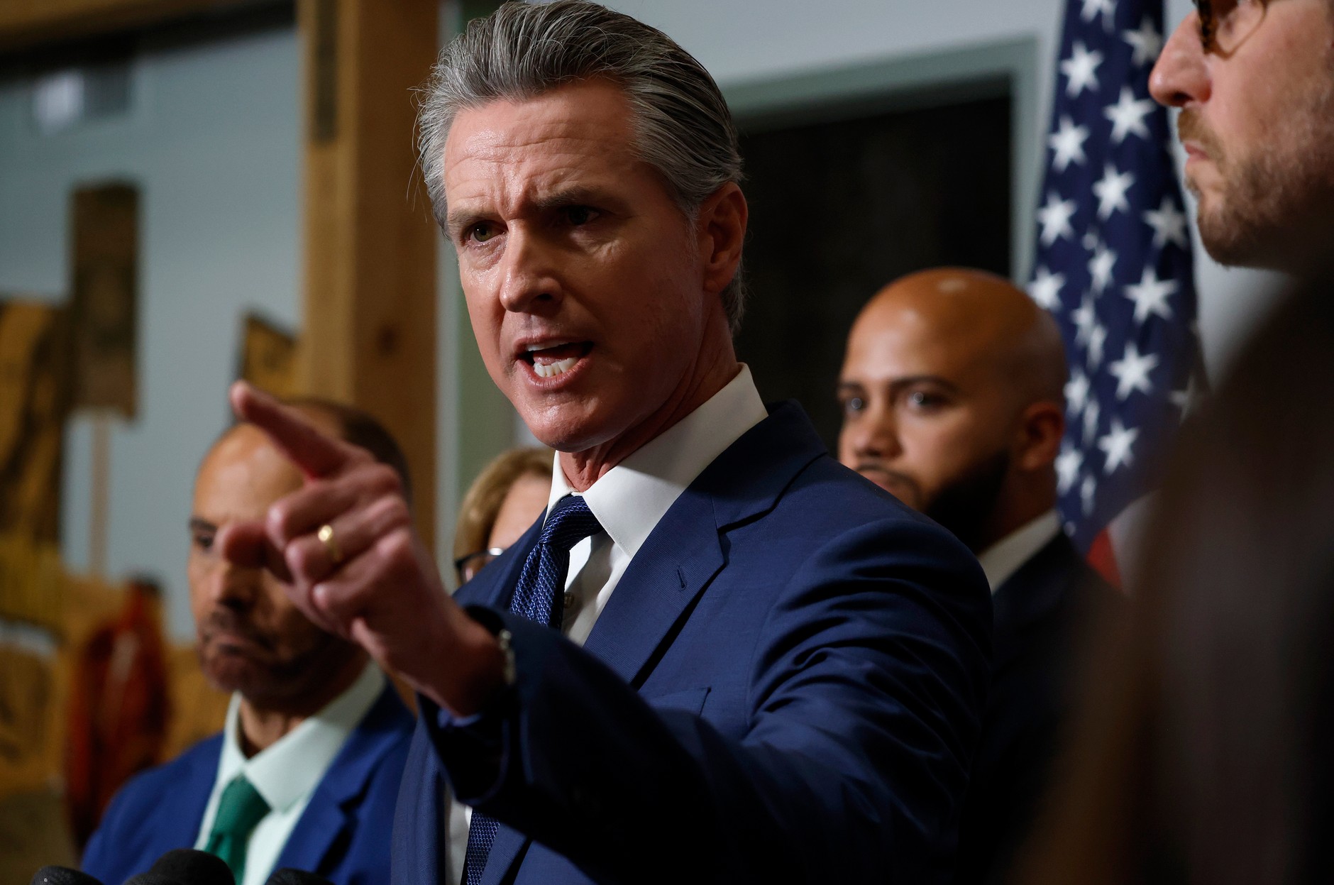 California Gavin Governor speaks to News during a press conference in Sacramento, California, August 21, 2025.