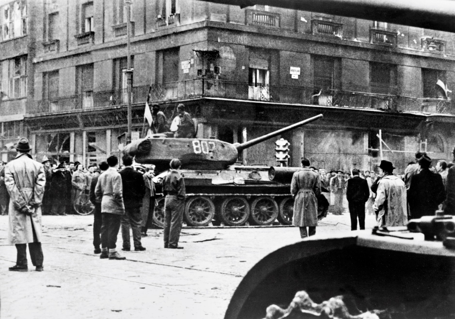 A Soviet tank patrols the streets of Budapest, October 30, 1956.