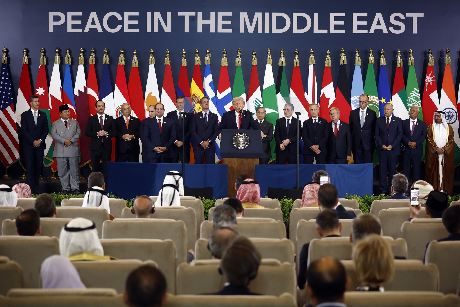 United States President Donald Trump joins leaders of more than 20 other countries during the Gaza Peace Summit in Sharm el-Sheikh, Egypt, October 13, 2025.