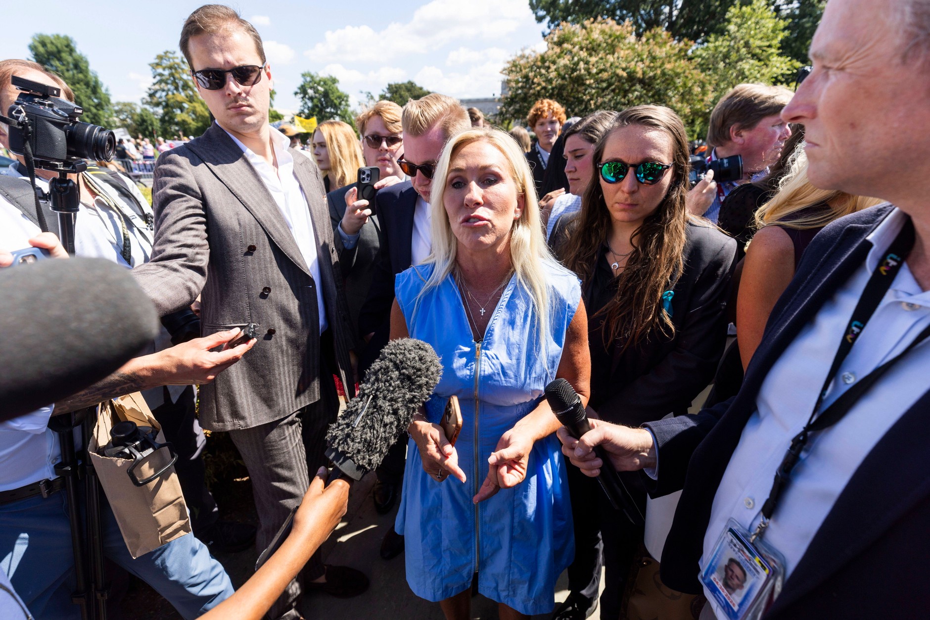 Georgia Republican Party Representative Marjorie Taylor Greene (C) during a news conference with victims of Jeffrey Epstein and Ghislaine Maxwell in front of the United States Capitol in Washington, D.C., U.S., September 3, 2025.