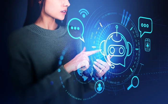 A woman touches some holograms, suggesting a chat with the AI