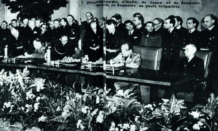 Marshal Antonescu (left) at the signing of the Tripartite Pact/PHOTO: Archive