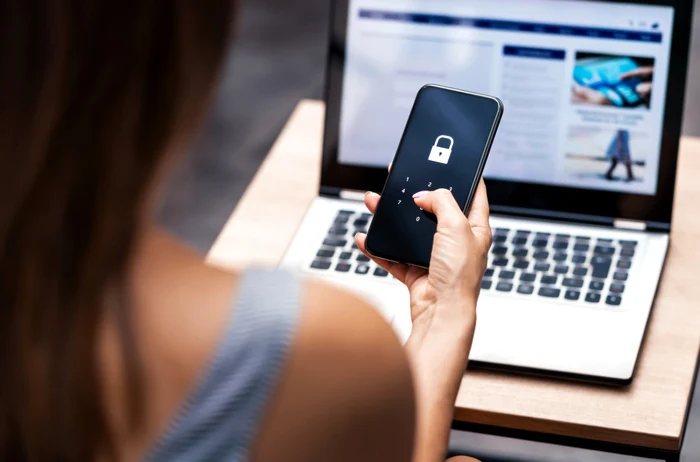 woman, laptop, phone