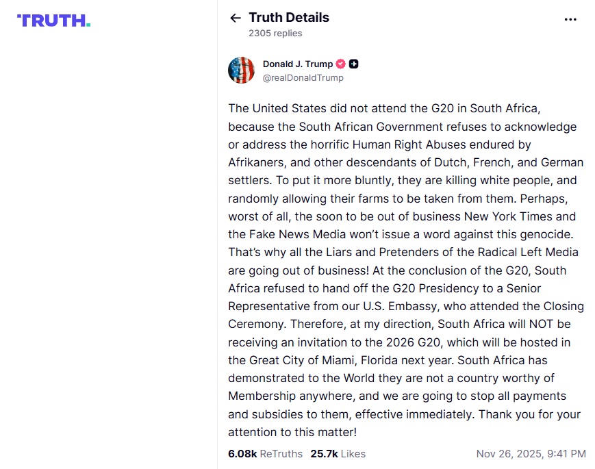 Trump said South Africa will not be invited to the G20 summit in the US photo 1
