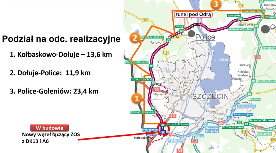 Map showing the route of the planned Szczecin bypass
