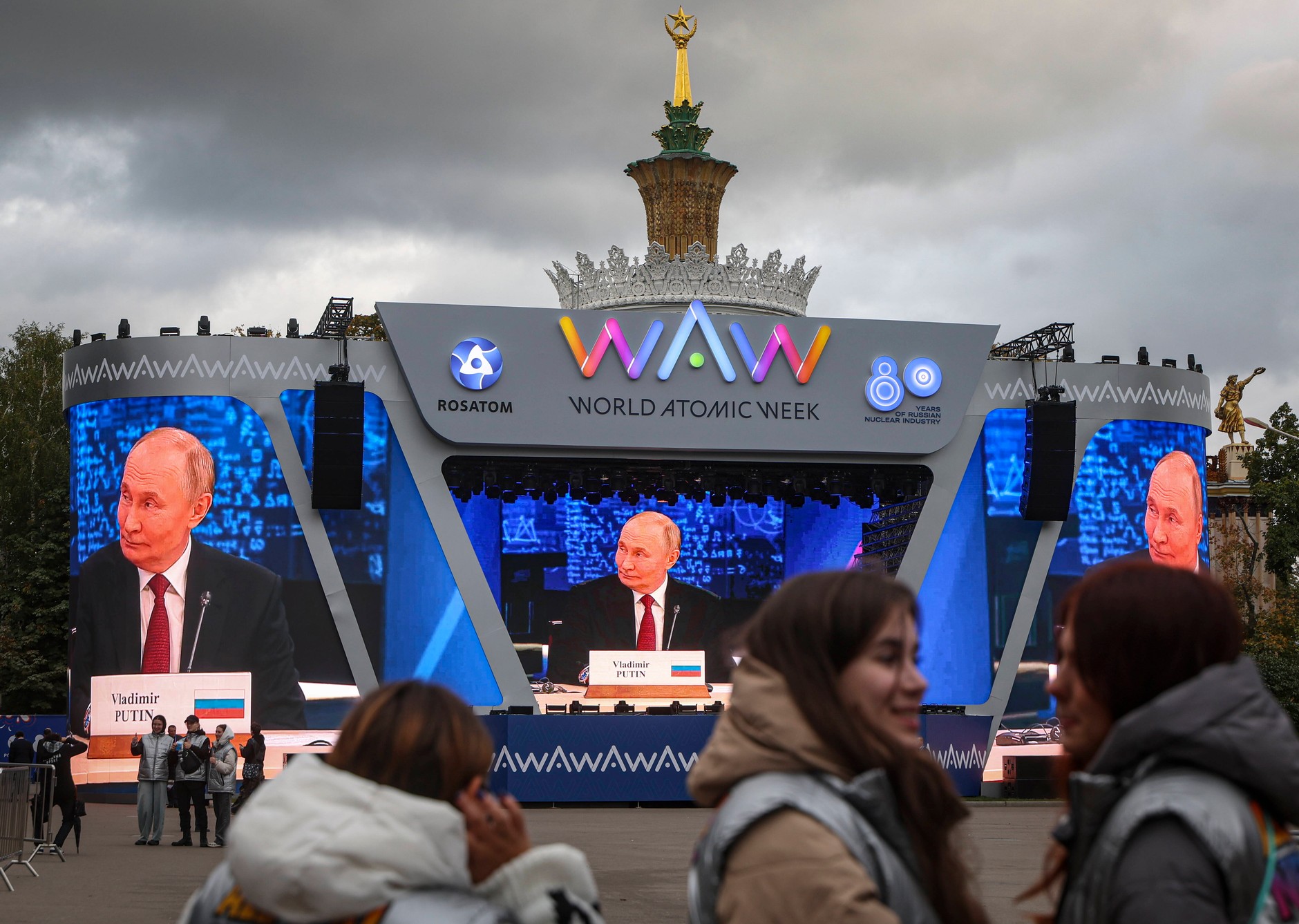 Putin's speech during the International Forum of World Atomic Week shown on a large screen. Moscow, September 25, 2025
