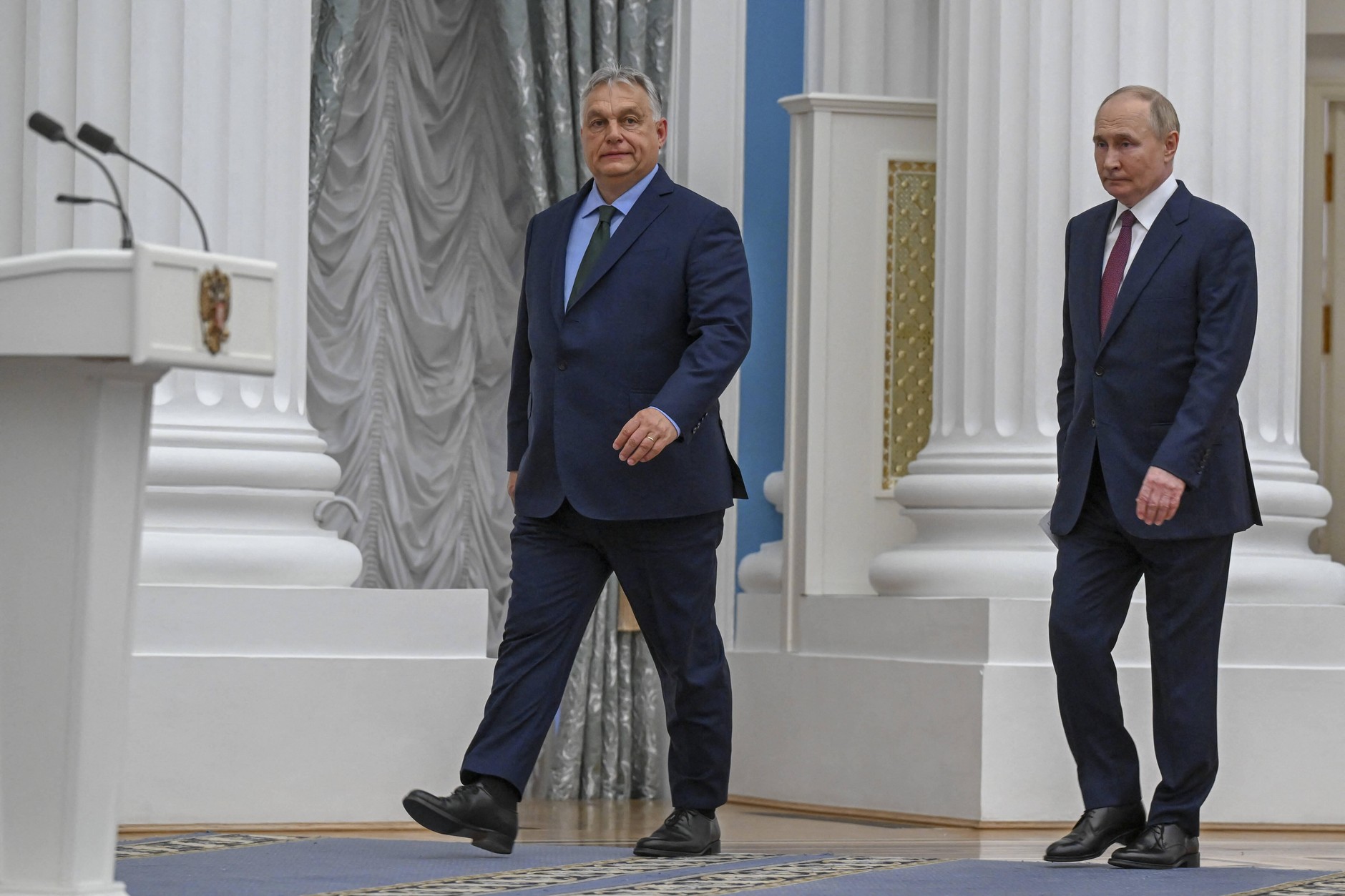 Hungarian Prime Minister Viktor Orban and Russian President Vladimir Putin during a joint press conference after their meeting in the Kremlin. Moscow, Russia, July 5, 2024