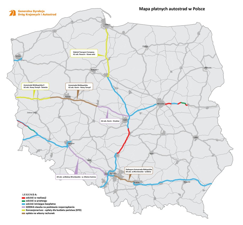 Map of highways in Poland with details of toll sections