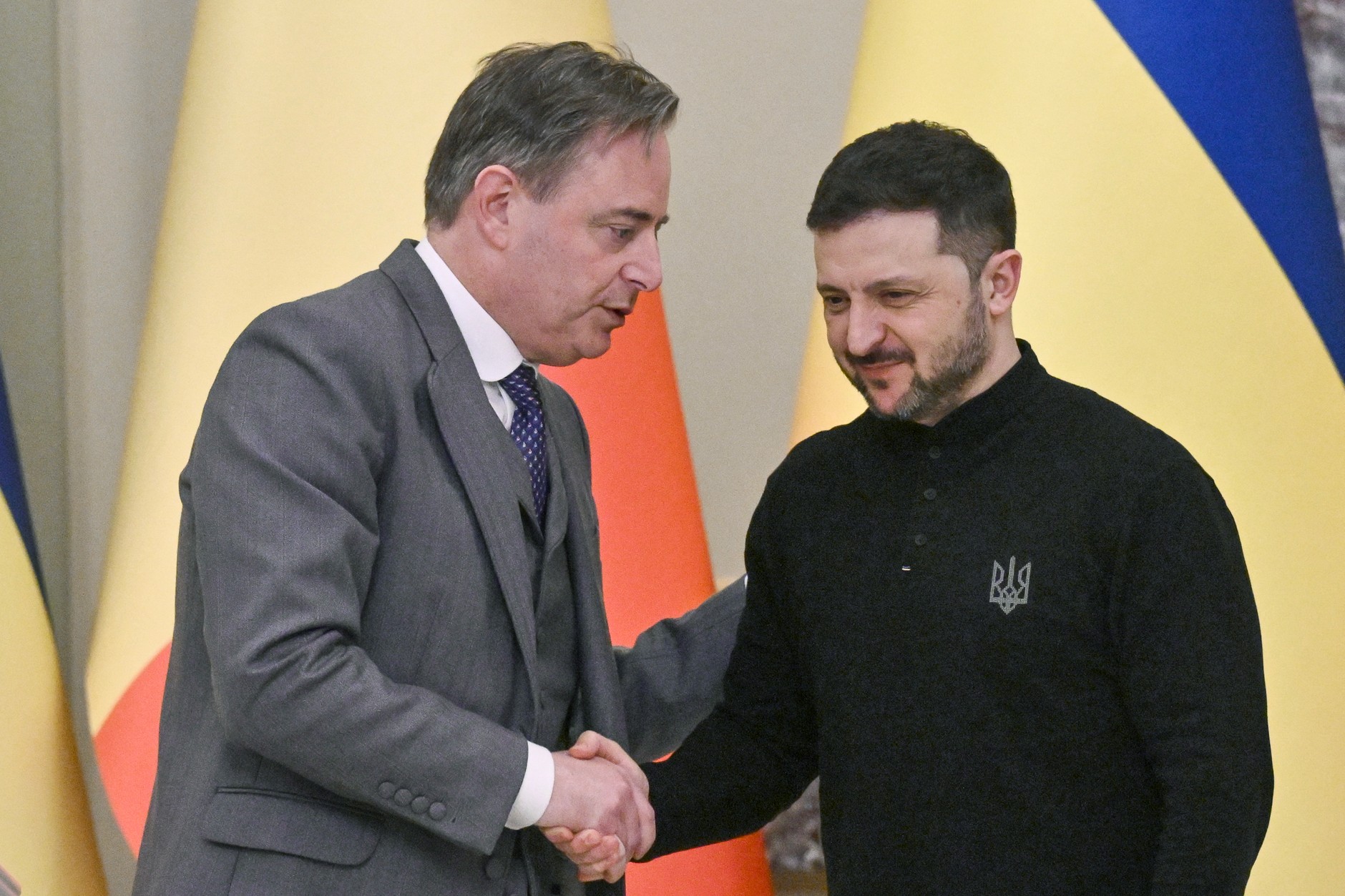 Prime Minister of Belgium Bart De Wever and President of Ukraine Volodymyr Zelensky during a joint press conference in Kiev, April 8, 2025.