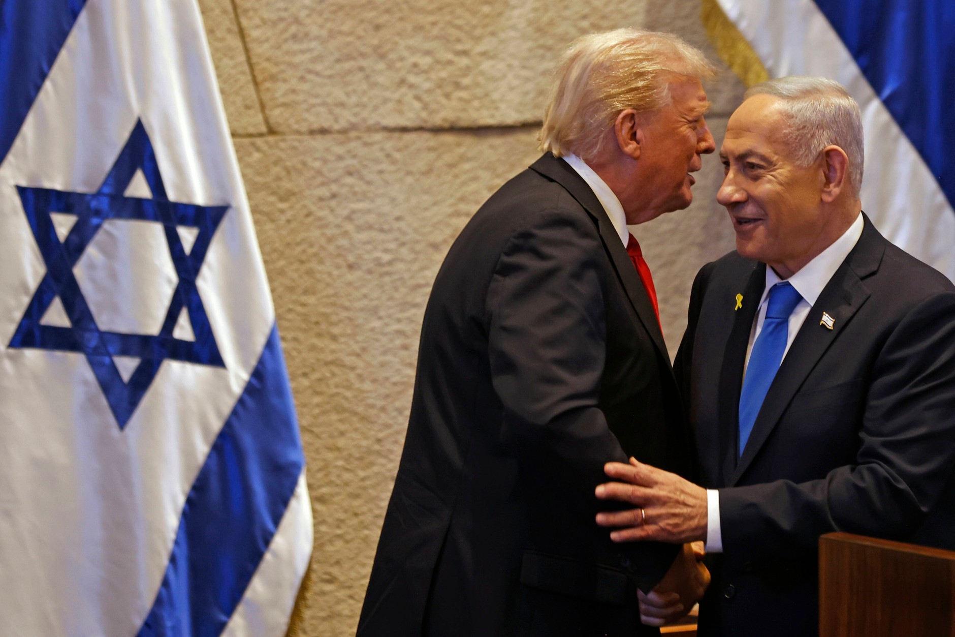 Donald Trump, President of the United States, and Binyamin Netanyahu, Prime Minister of Israel, in the Knesset Jerusalem, October 13, 2025.