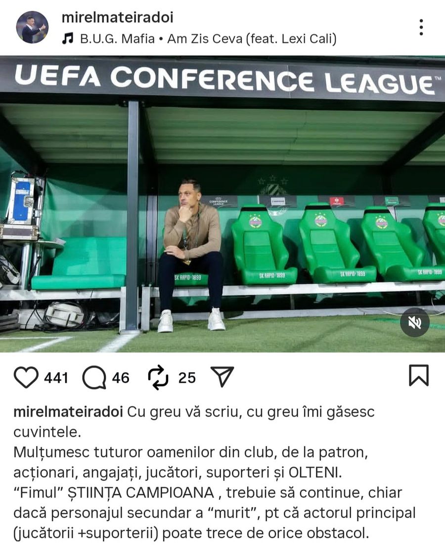Mirel Rădoi's message from Instagram Mirel Rădoi broke his silence after parting with Craiova, precisely at midnight: