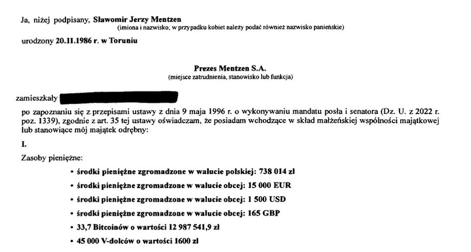 Sławomir Mentzen's declaration of assets
