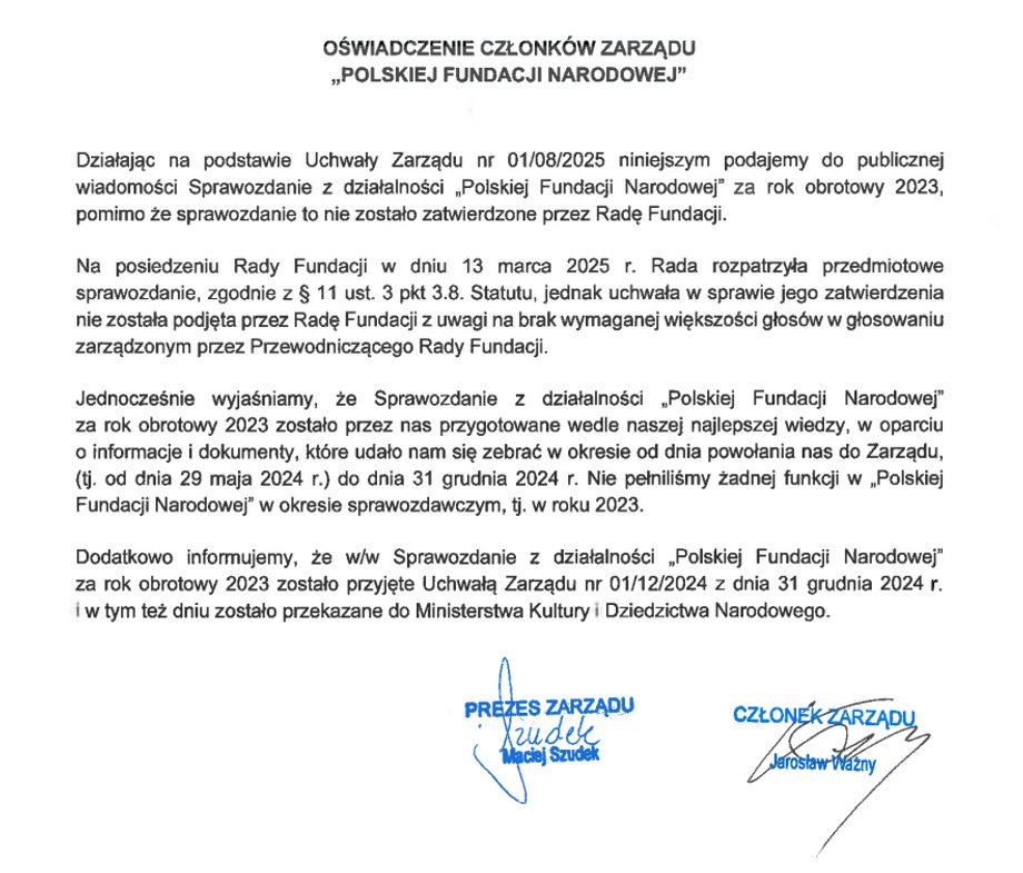 Statement attached to the PFN report for 2023.