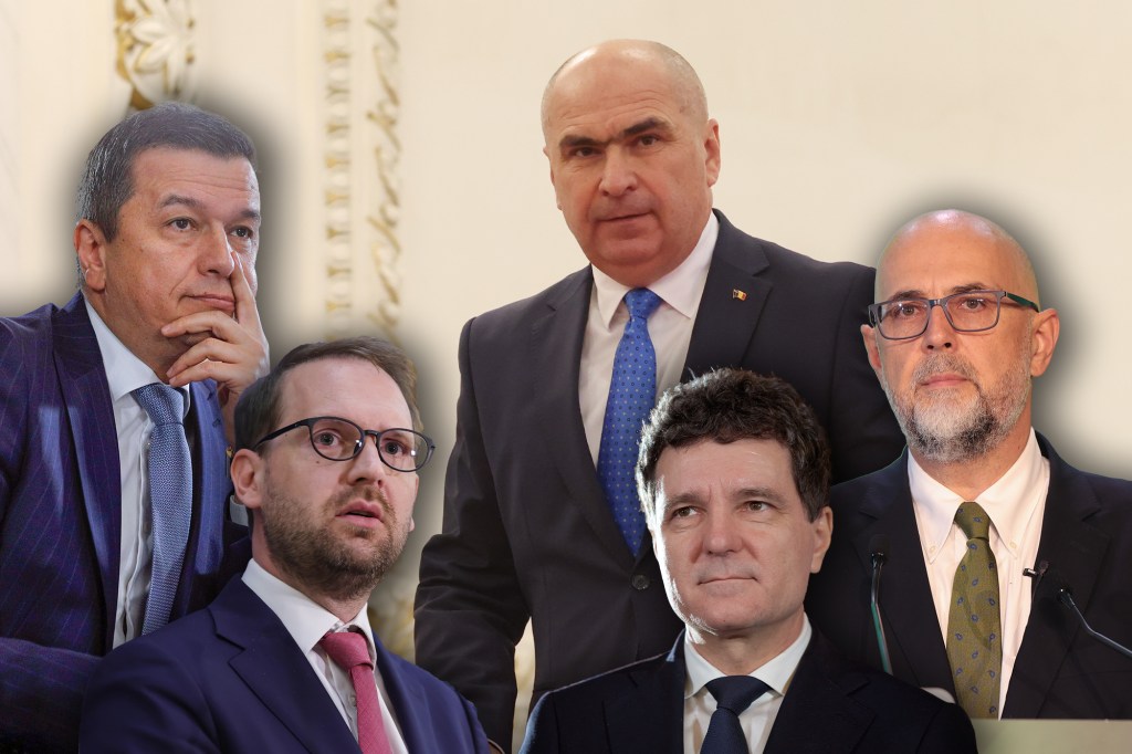 President Nicușor Dan and the leaders of the governing coalition: Sorin Grindeanu, Dominic Fritz, Ilie Bolojan and Kelemen Hunor. Photo: Inquam Photos. Collage: Ion Mateș