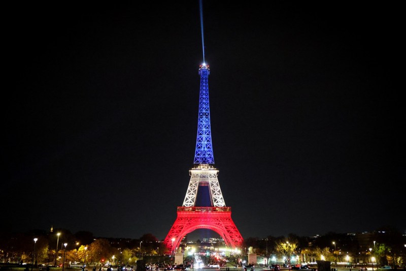 The Eiffel Tower lit up in the colors of the French flag to mark 10 years since the terrorist attacks of November 13, 2015