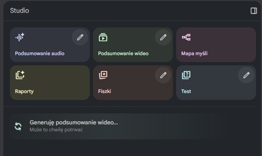 In the section on the right, NotebookLM offers, among others: the ability to create an audio or video summary, or generate a mind map or test.