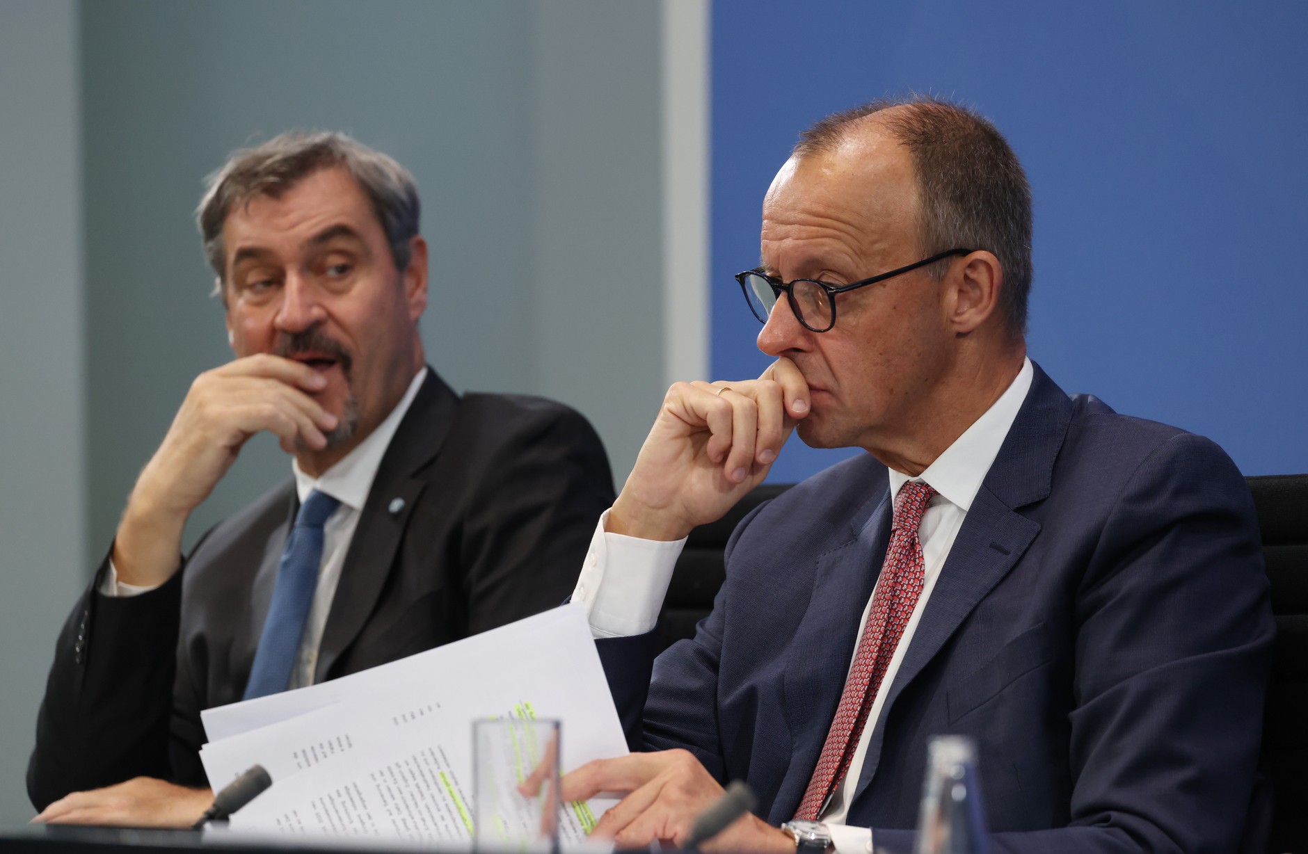Chancellor and leader of the Christian Democratic Union (CDU) Friedrich Merz and Prime Minister of Bavaria and leader of the Christian Social Union (CSU) Markus Soeder in Berlin, October 9, 2025.