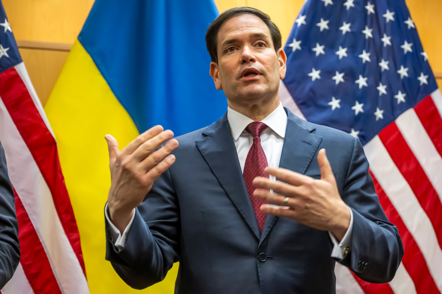 U.S. Secretary of State Marco Rubio speaks to reporters in Geneva, Switzerland, November 23, 2025.