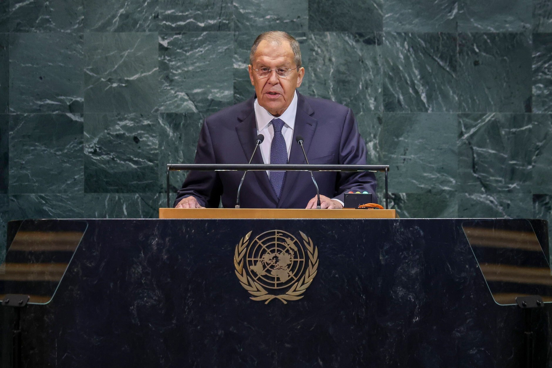 Minister of Foreign Affairs of the Russian Federation Sergei Lavrov speaks during the 80th session of the United Nations General Assembly at the UN headquarters. New York, USA, September 27, 2025