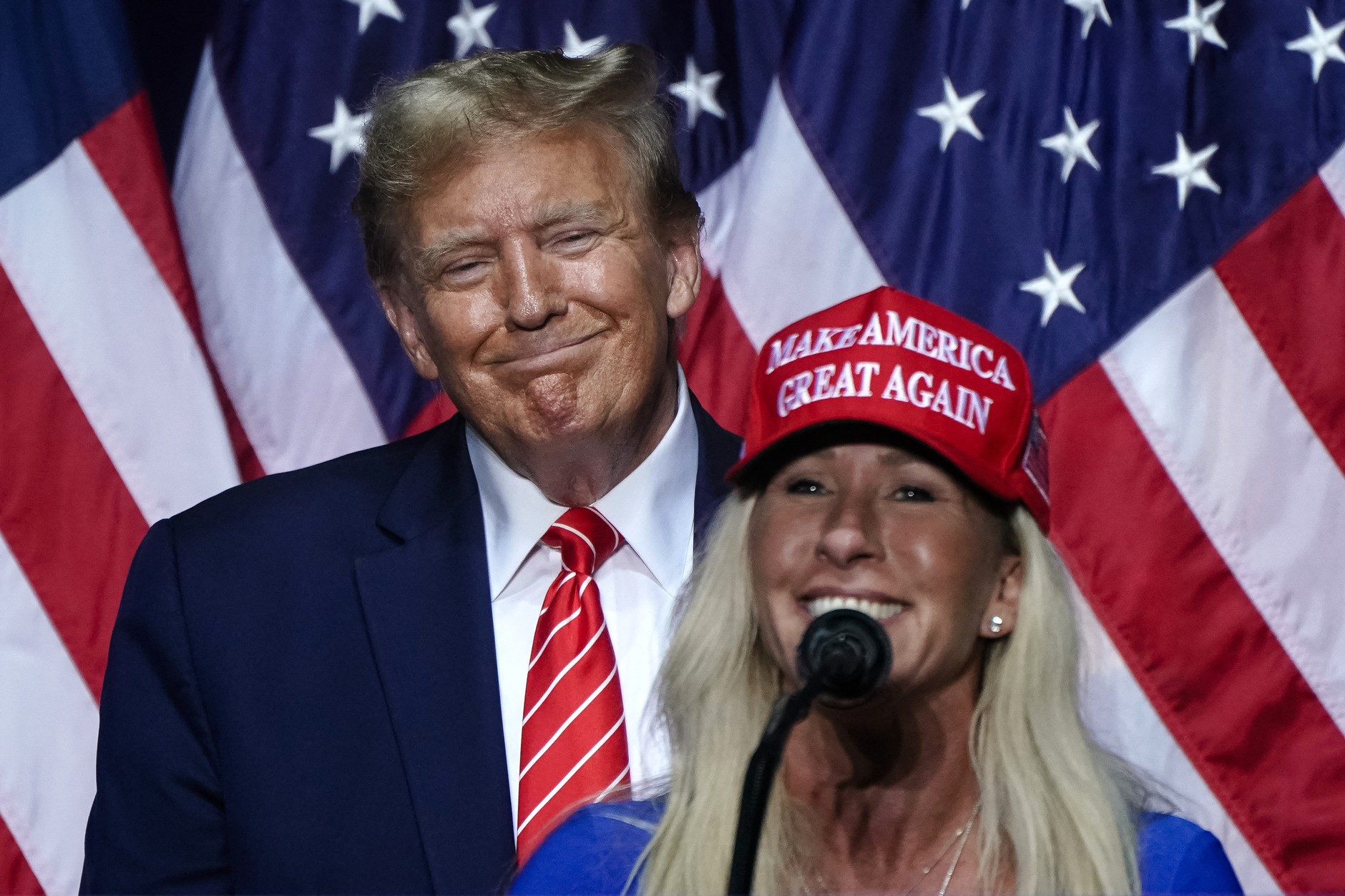 Donald Trump and Marjorie Taylor Greene during a campaign rally in Rome, Georgia, on March 9, 2024.