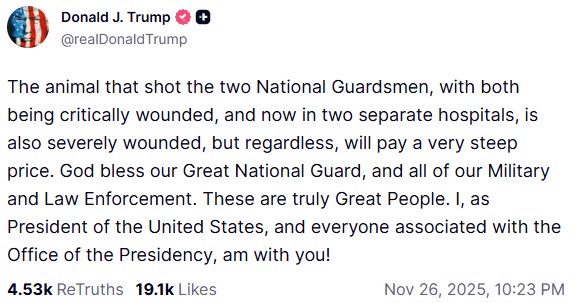 Two guardsmen wounded in the White House area have died. Trump promised 