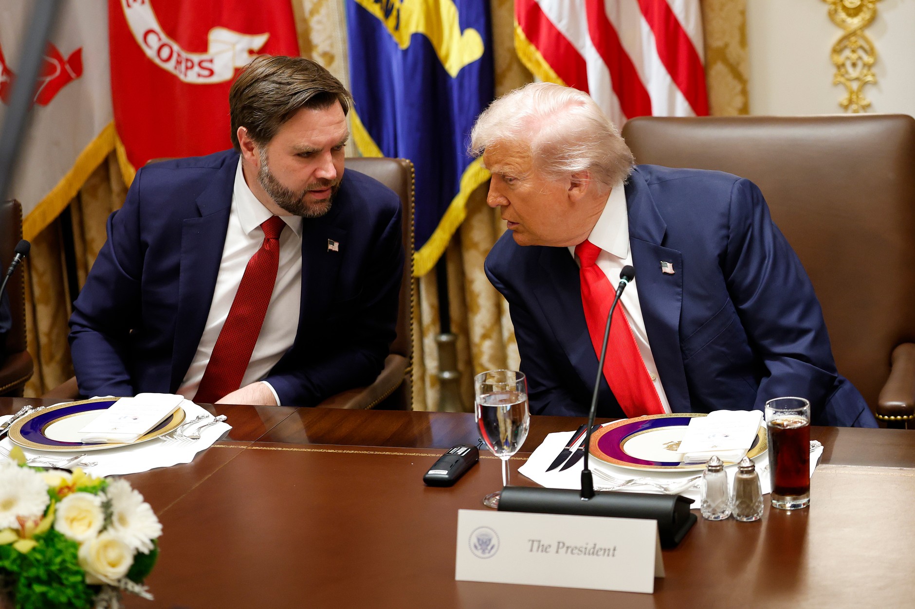 U.S. Vice President J.D. Vance and President Donald Trump at the White House in Washington, D.C., October 14, 2025.
