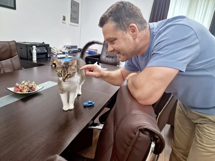 Ciprian Ciucu and Jessy, the cat from the City Hall. PHOTO: FB/District 6 City Hall