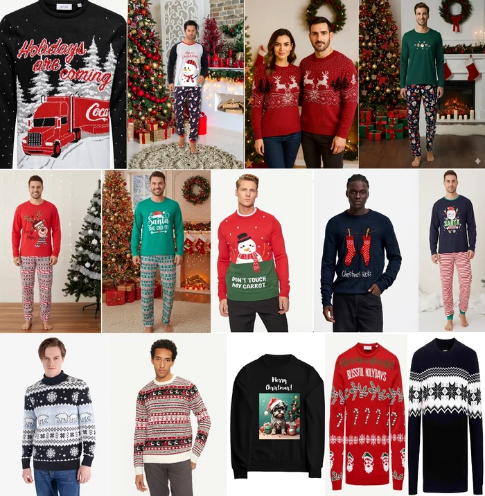 Christmas gift ideas for men: Cozy and funny pajamas and sweaters Collage eMAG