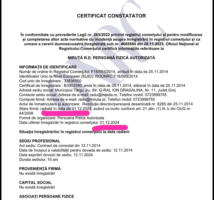 certificate of the company Radu Miruţă photo Facebook Victor Ponta jpg