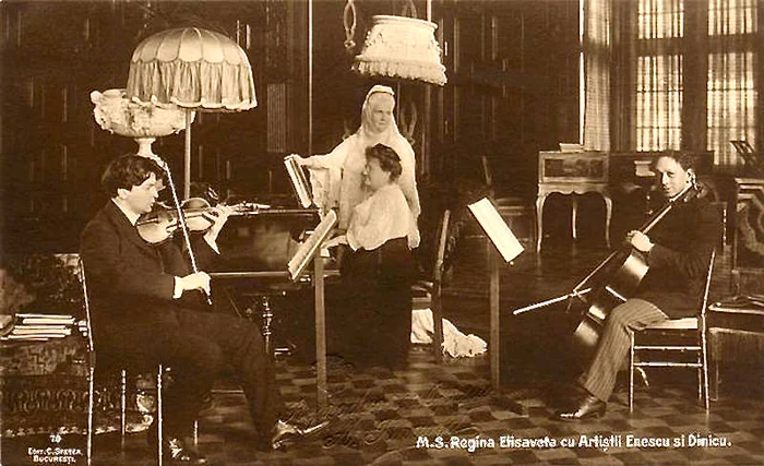 Regina Elisabeta, alături de George Enescu și violoncelistul D. Dinicu. FOTO arhivă