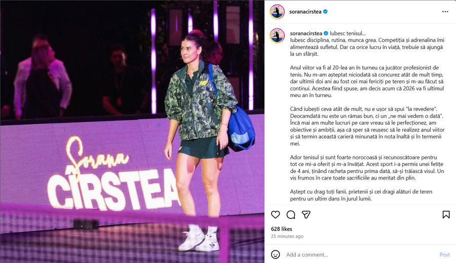 Sorana Cîrstea announced her retirement from tennis / Photo source: Sorana Cîrstea Instagram Sorana Cîrstea announced her retirement from tennis: