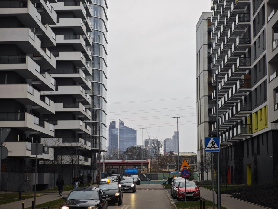 View from the estate towards office buildings in Wola
