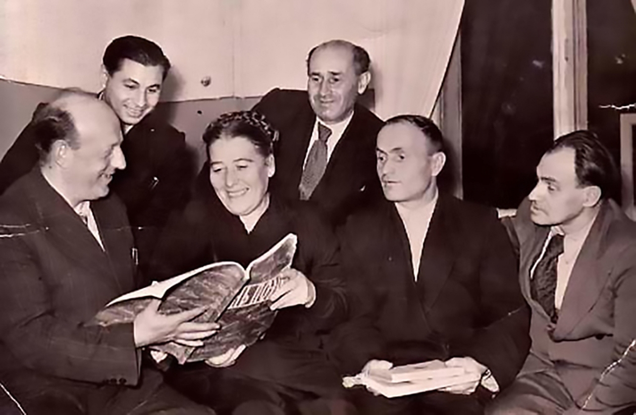 Birobidzhan writers, 1958. From left to right, Busie Miller, Max Riant, Lyuba Wasserman, Salvador Borges, Itzik Bronfman, Gershel Rabinkov