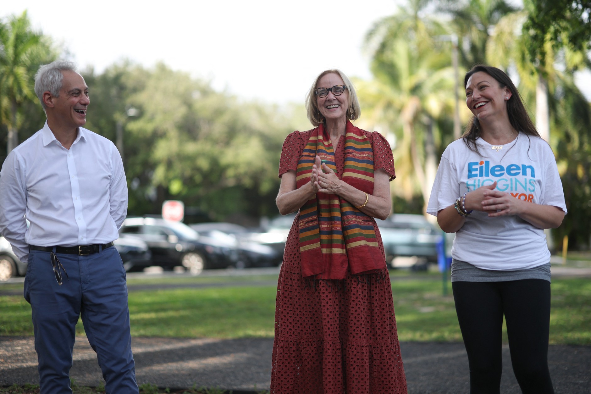 From left: former Chicago mayor and ambassador to Japan Rahm Emanuel, Miami mayoral candidate Eileen Higgins and Florida Democratic Party chairwoman Nikki Fried, Miami, December 8, 2025.