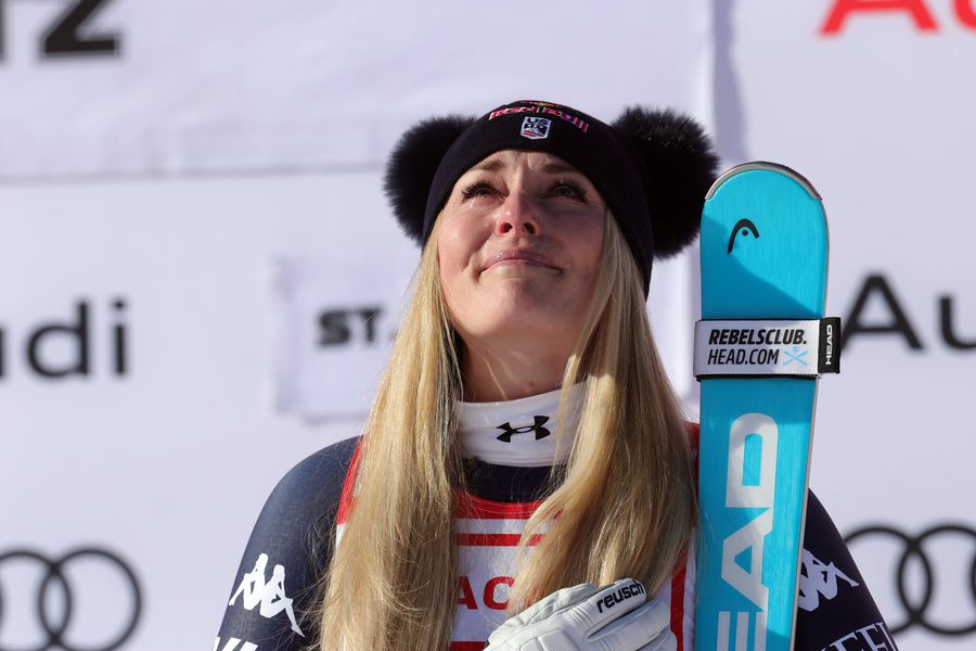 An emotional Lindsey Vonn on the podium at St. Moritz PHOTO Imago Images The secrets of Lindsey Vonn, the oldest skier to win a World Cup stage