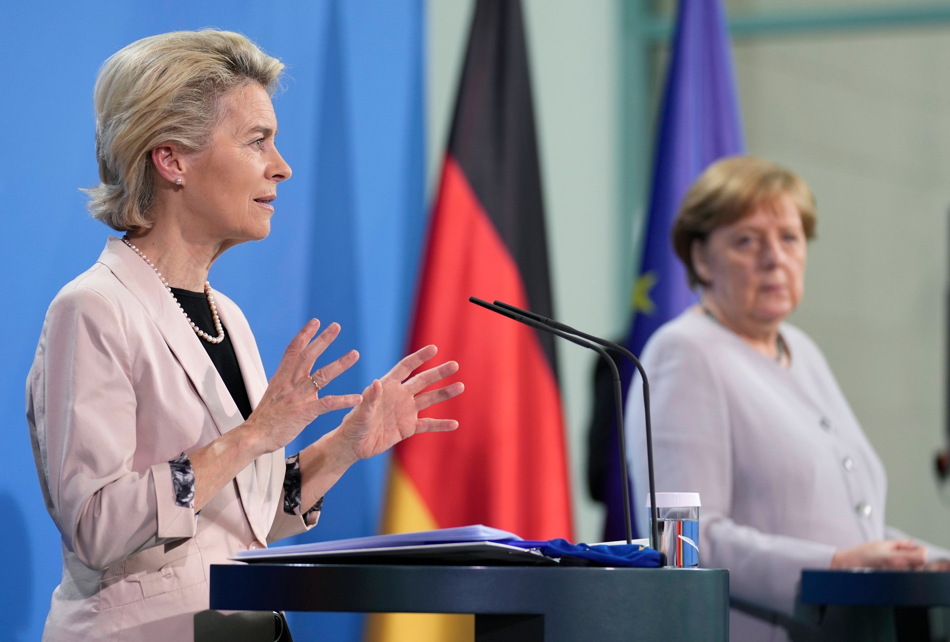 Ursula von der Leyen, president of the European Commission, and Angela Merkel, then chancellor of Germany, at a press conference in Berlin, June 22, 2021.
