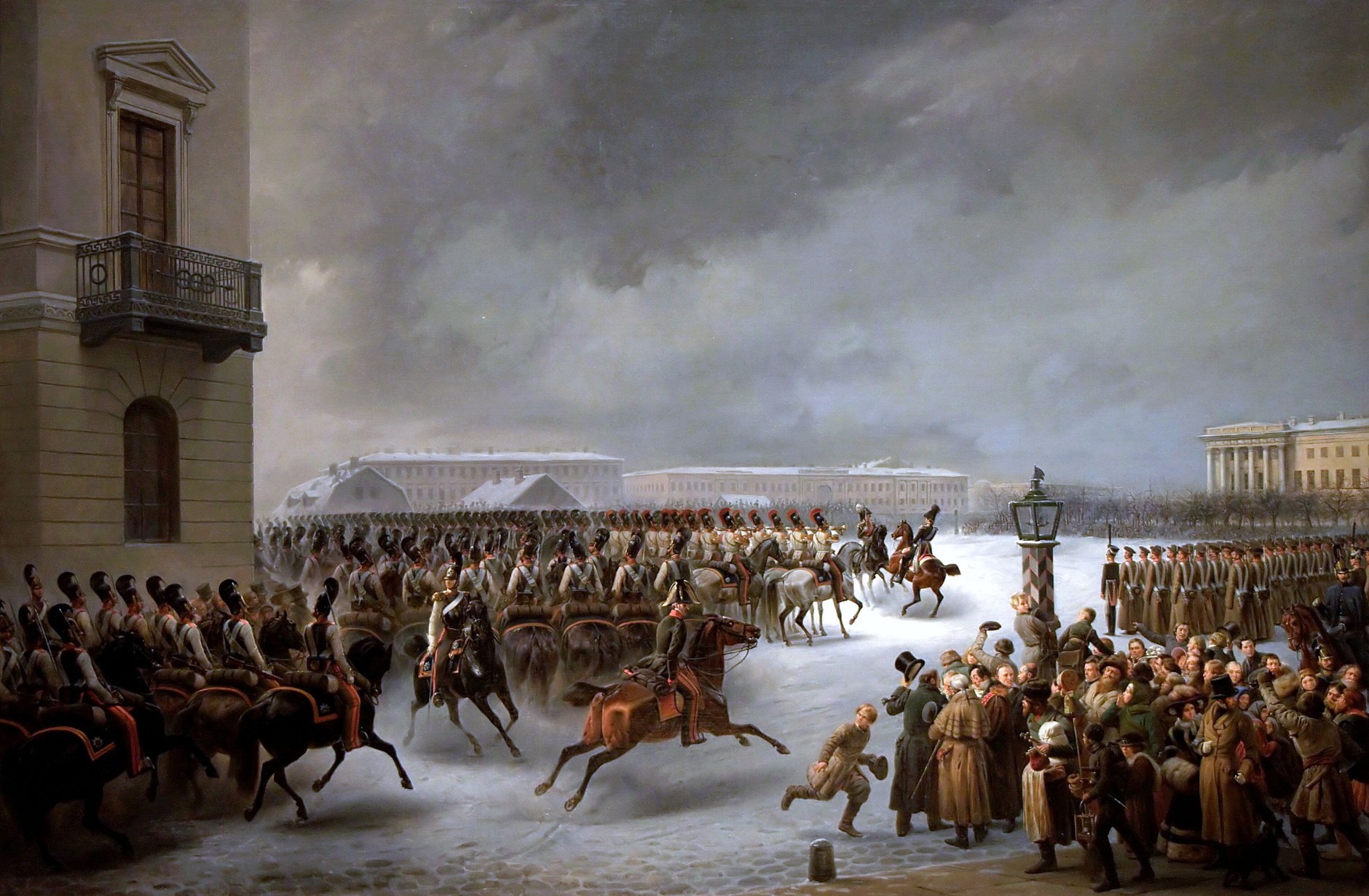 "Arrival of the Living Guard Cavalry Regiment at Senate Square on December 14, 1825.". A painting by Vasily Timm from 1853 from the collection of the St. Petersburg Hermitage