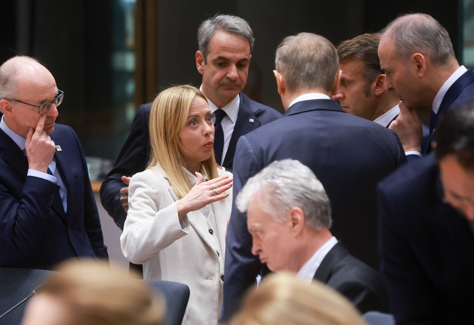 From left: Prime Minister of Luxembourg Luc Frieden, Prime Minister of Italy Giorgia Meloni, Prime Minister of Greece Kyriakos Mitsotakis, Prime Minister of Poland Donald Tusk, President of France Emmanuel Macron and Prime Minister of Ireland Micheal Martin during the EU Council summit in Brussels, Belgium, December 18, 2025.