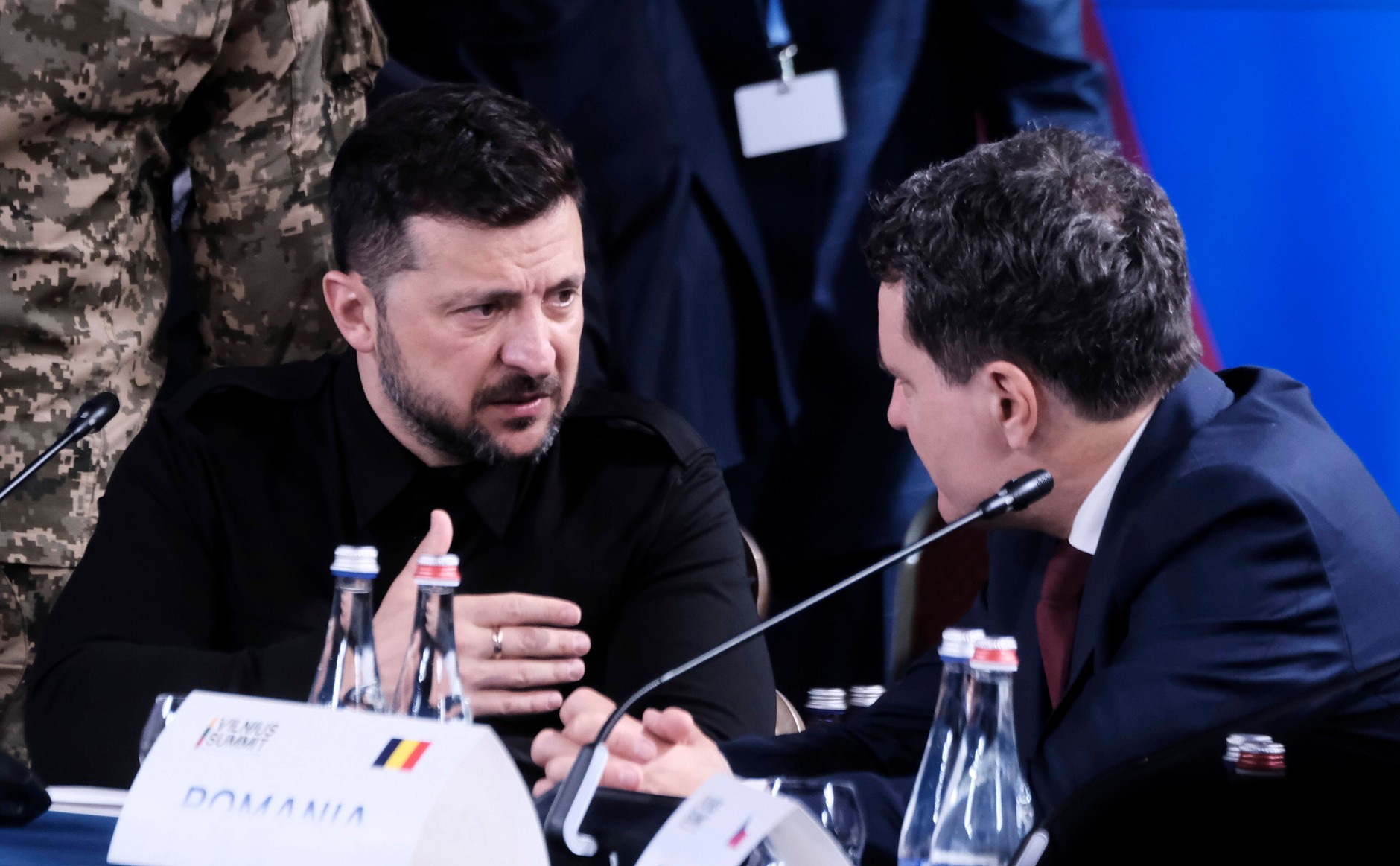 Volodymyr Zelensky, President of Ukraine, talks with Nicusor Dan, President of Romania, during the Bucharest Nine summit. Vilnius, June 2, 2025