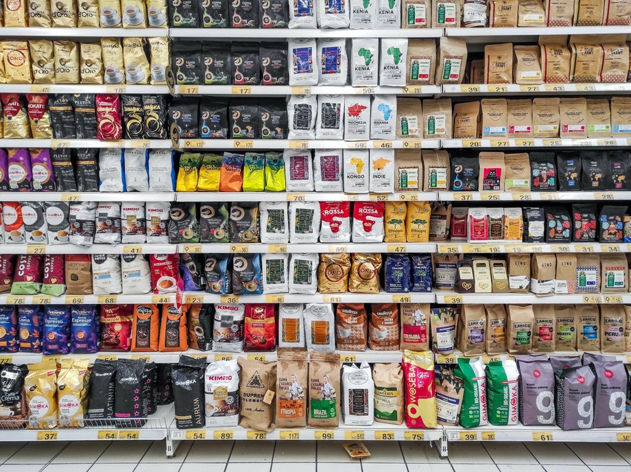Shelf with coffee in the supermarket