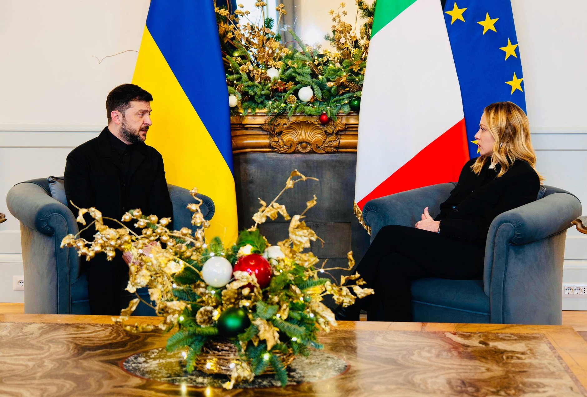 President of Ukraine Volodymyr Zelensky and Prime Minister of Italy Giorgia Meloni during a meeting at the Chigi Palace in Rome, Italy, December 9, 2025.