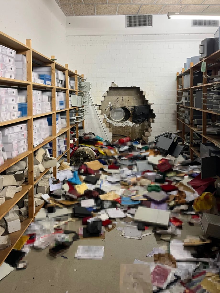 Looted safe deposit boxes in a bank in Germany after a daring action by burglars