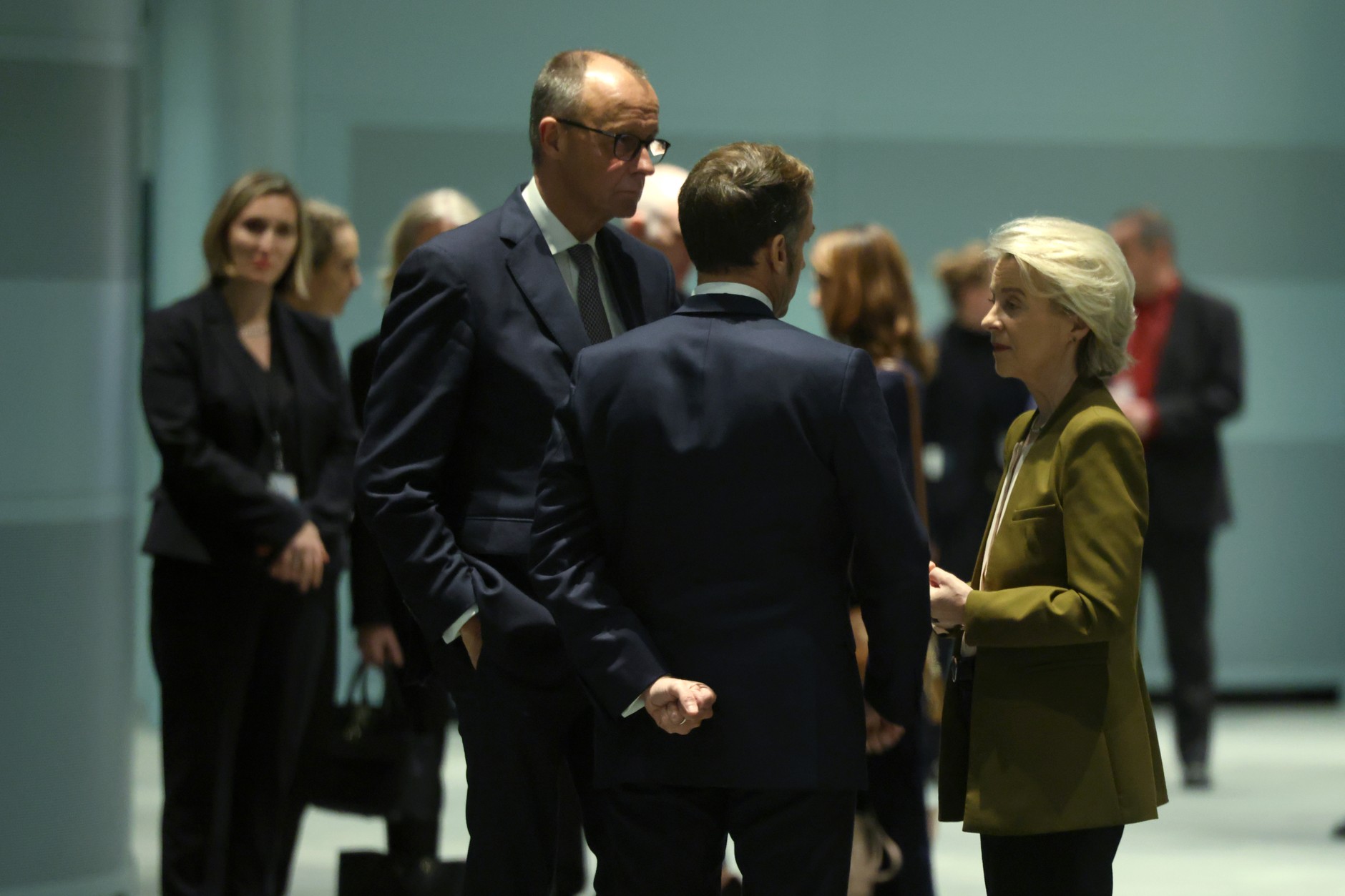 German Chancellor Friedrich Merz, French President Emmanuel Macron and European Commission President Ursula von der Leyen in Berlin, December 15, 2025.