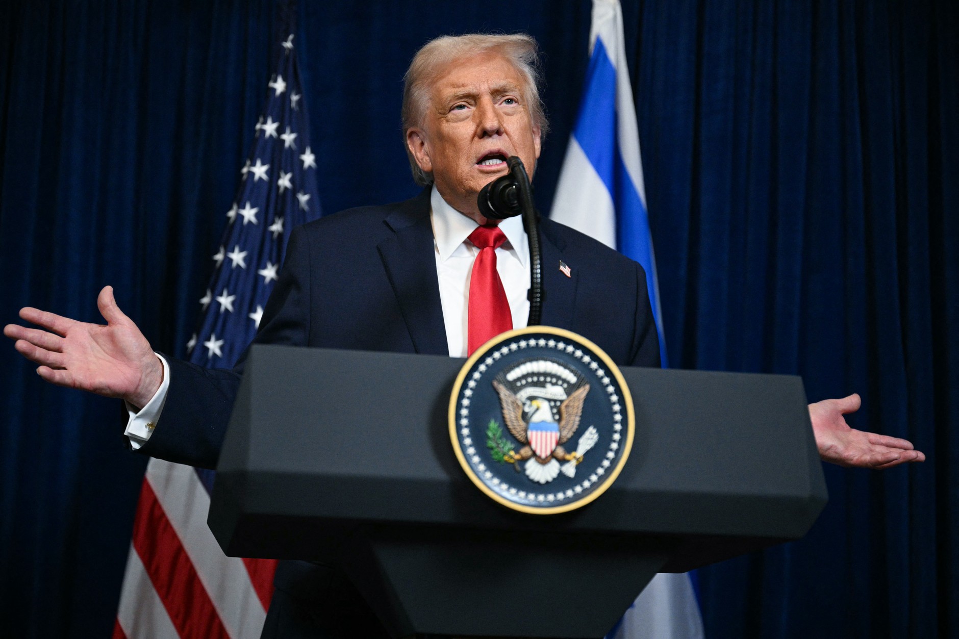 US President Donald Trump during a press conference at Mar-a-Lago in Palm Beach, Florida, December 29, 2025.