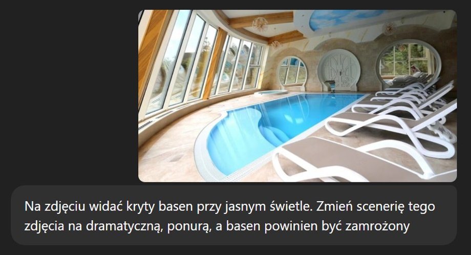 Prompt: The photo shows an indoor swimming pool in bright light. Change the setting of this photo to a dramatic, gloomy one and the pool should be frozen
